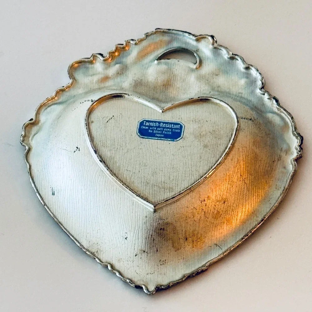 Vintage Heart Silver Plate Trinket Dish Floral Repousse Rose Japan Catchall 6
